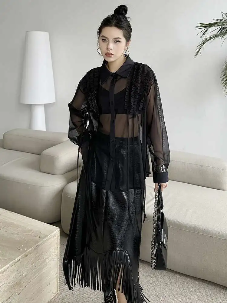 

Женская черная сетчатая лента, перспективная блузка большого размера, новая рубашка с длинными рукавами и лацканами, модная весна-осень