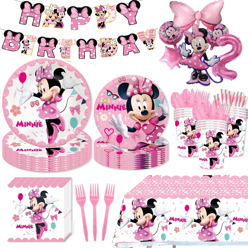 Minnie Mouse Girls Birthday Decorations Pink Paper Tableware Tablecloth Background Balloons Gift For Girl Baby Shower Supplies