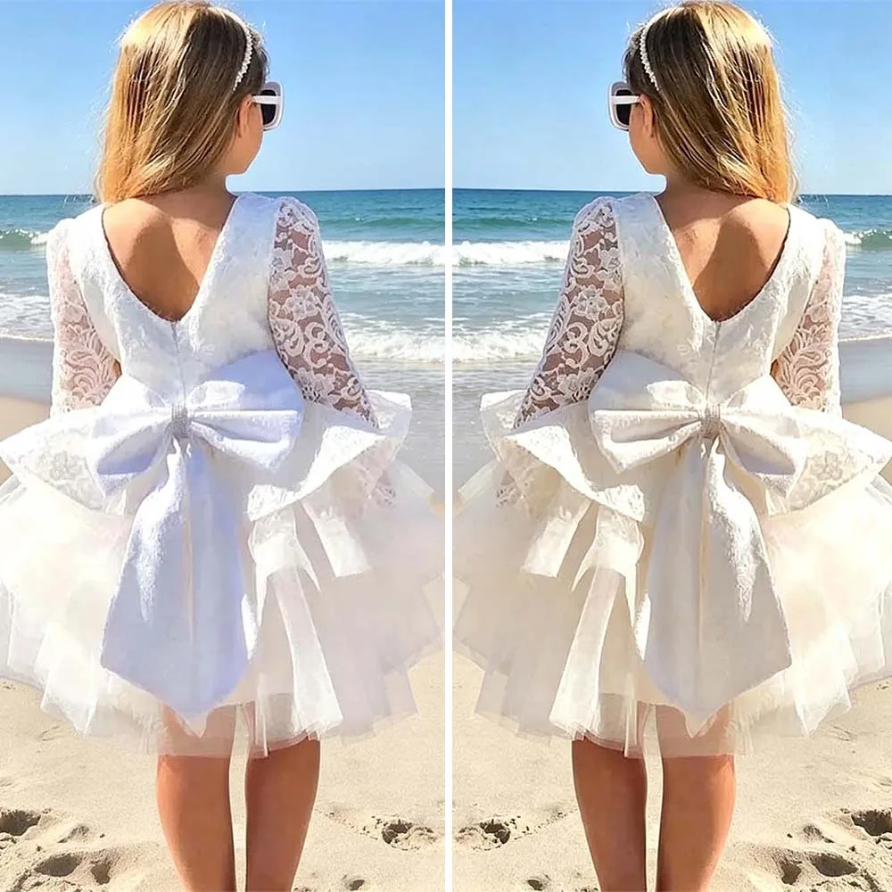 White/Ivory Flower Girl Dress for Wedding Kids Beaded Lace Tiered Tulle First Communion Dress Full Sleeve Party Ball Gown Custom