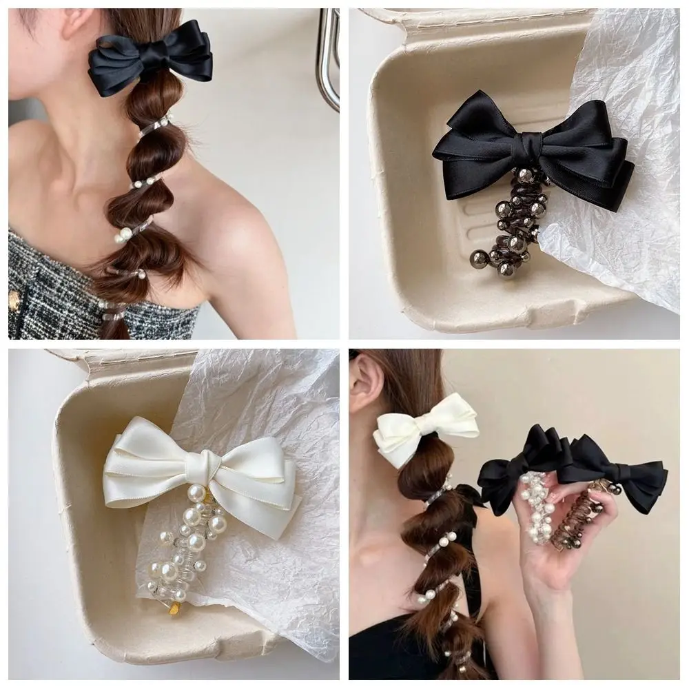 

High Elastic Bow Bubble Braided Head Rope Hair Band Pearl Spiral Coil Rubber Band Hair Accessories Ponytail Holder