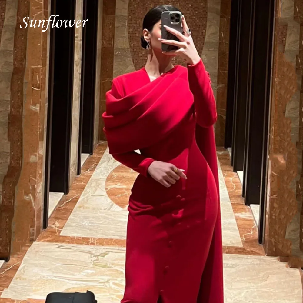 Sunflower Exquisite Red V-Neck Satin Evening Dress 2023 Simple Slim Long Sleeve Mermaid High-end Custom Prom Gowns Floor-Length