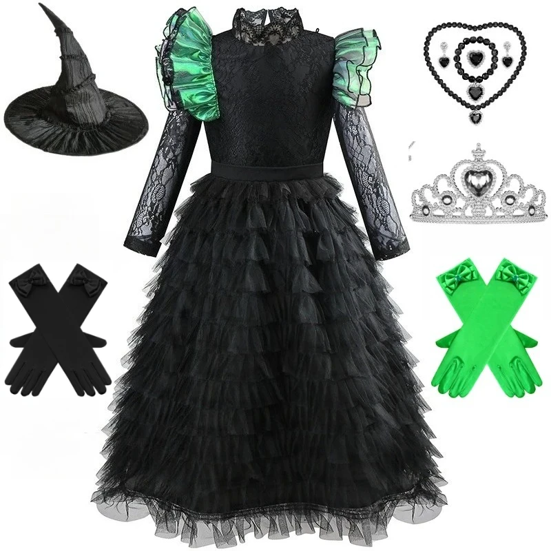 

Movie Elphaba Witches Cosplay Wicked Disguise Costume Black Dress Cloak for Kids Girls Wand Hat Sets Halloween Carnival Clothes