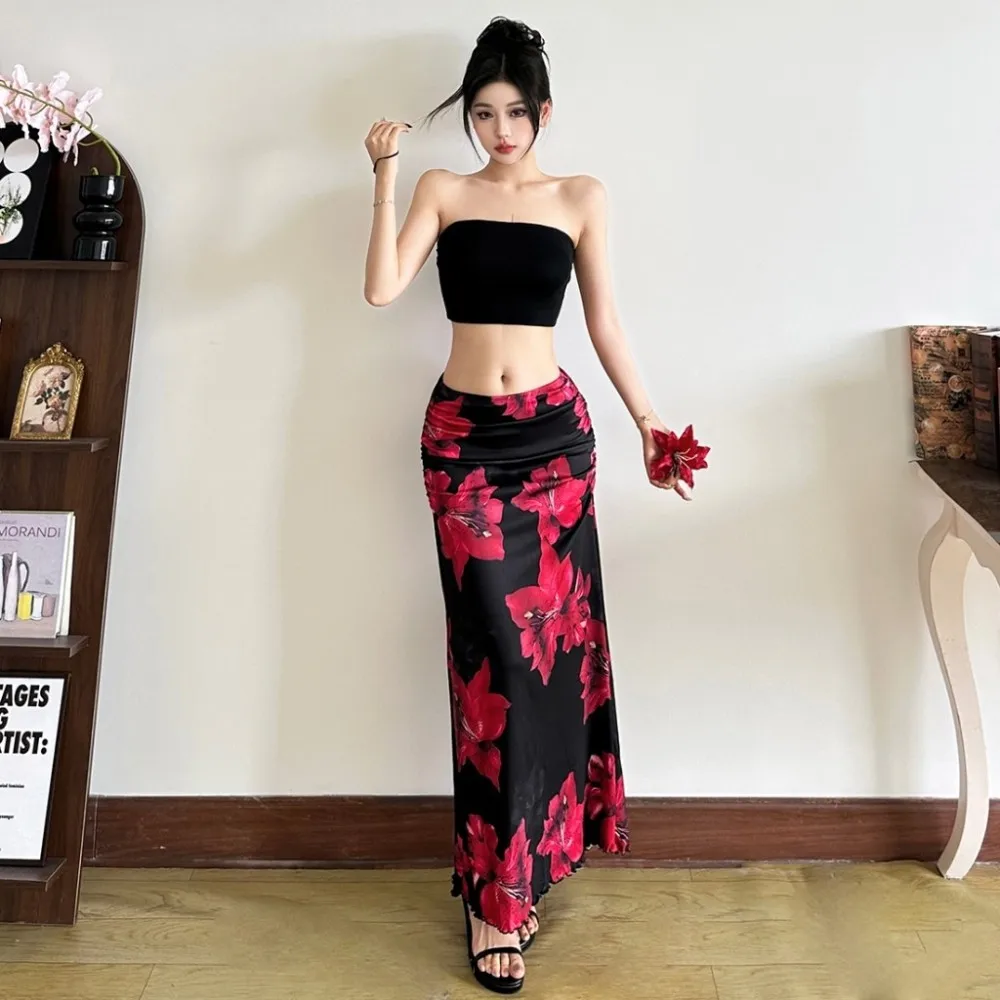 

SylCue Sexy Fashion 2 Piece Set Women Off Shoulder Backless Strapless Tops+Flower Print Skirts Summer Holiday Elegant Outfits