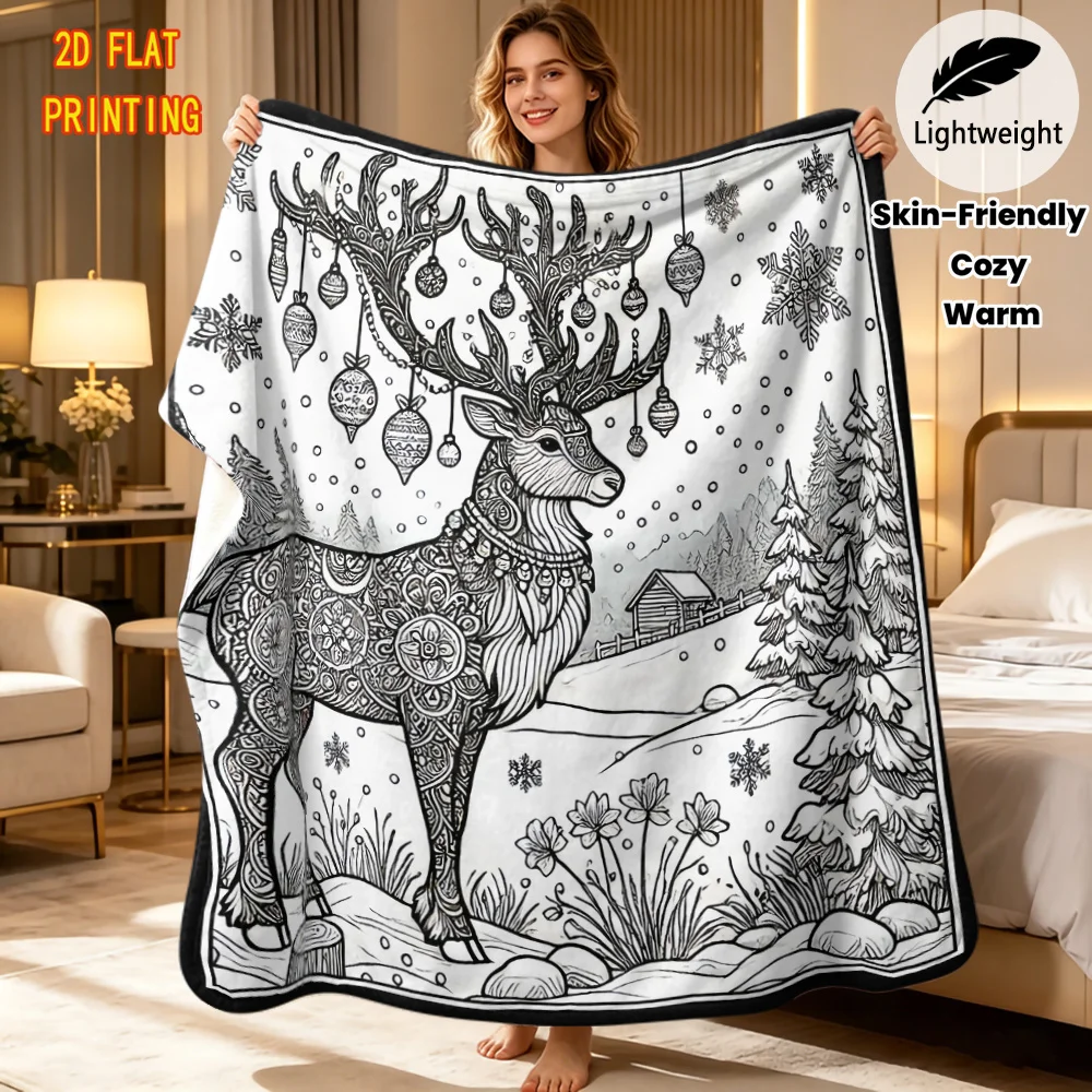 Family Art Activity Blanket Winter Reindeer Black Outline DIY blanket Soft Warm Throw Washable Coloring Blanket Xmas Present