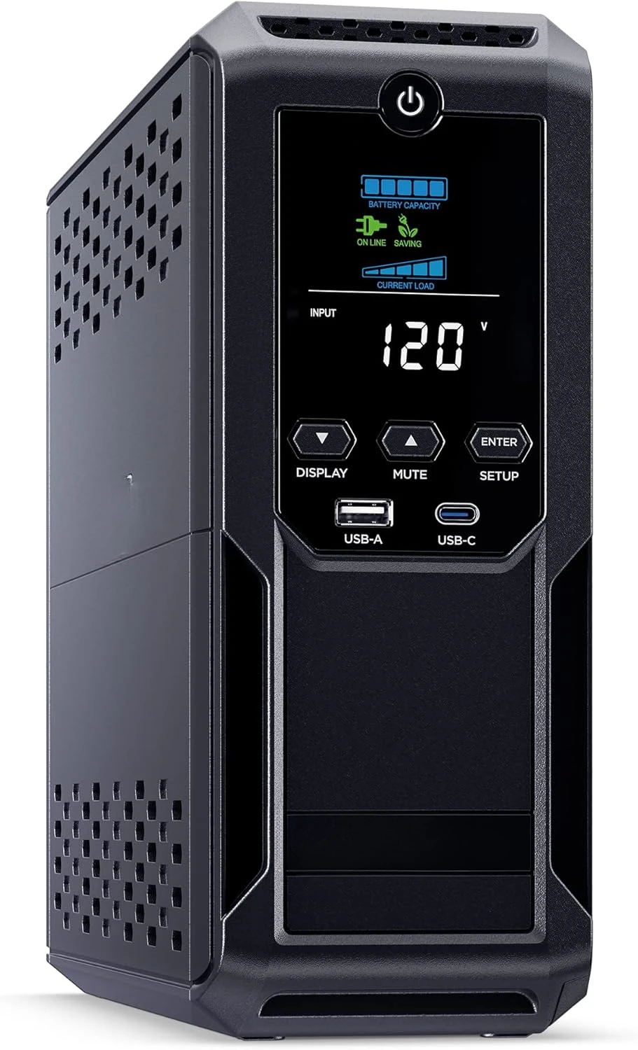 LCD UPS System, 1500VA/900W, 12 Outlets, 2 USB Ports, AVR, Mini Tower, Black