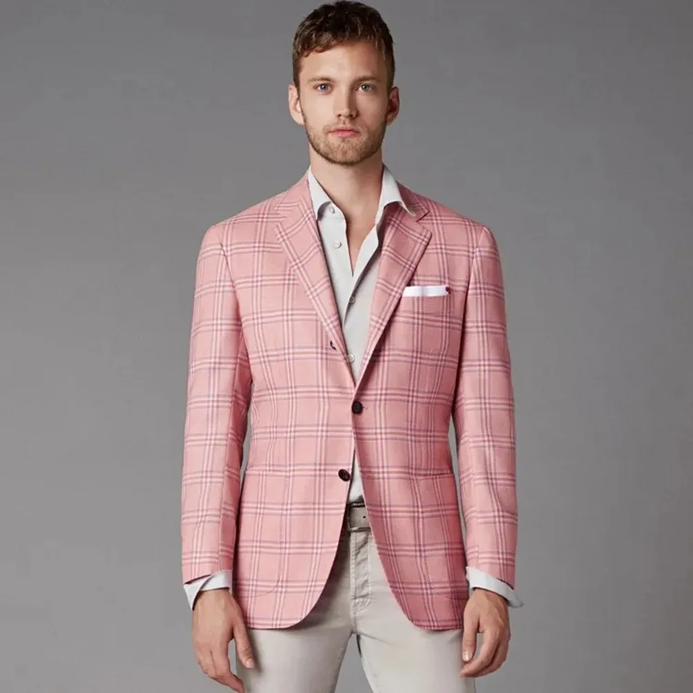 

Pink Square Checked Men's Suit 2 Pieces Male Blazer Sets Slim Fit Tuxedos Notched Lapel Business Formal Wear Only The Jacket