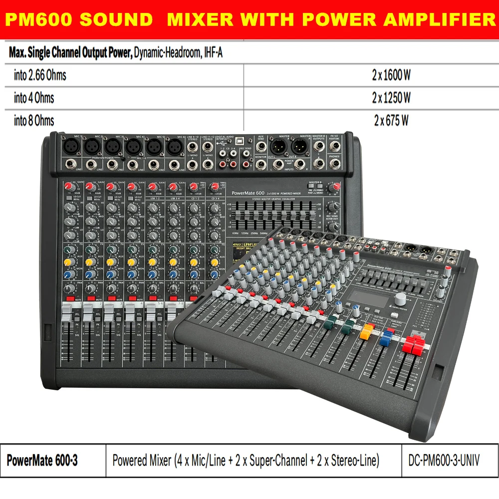 PM600-3 Console Mixer With 1000W Amplifier Professional audio mixer 6 Channel Audio mixing for Audio Stage Performance