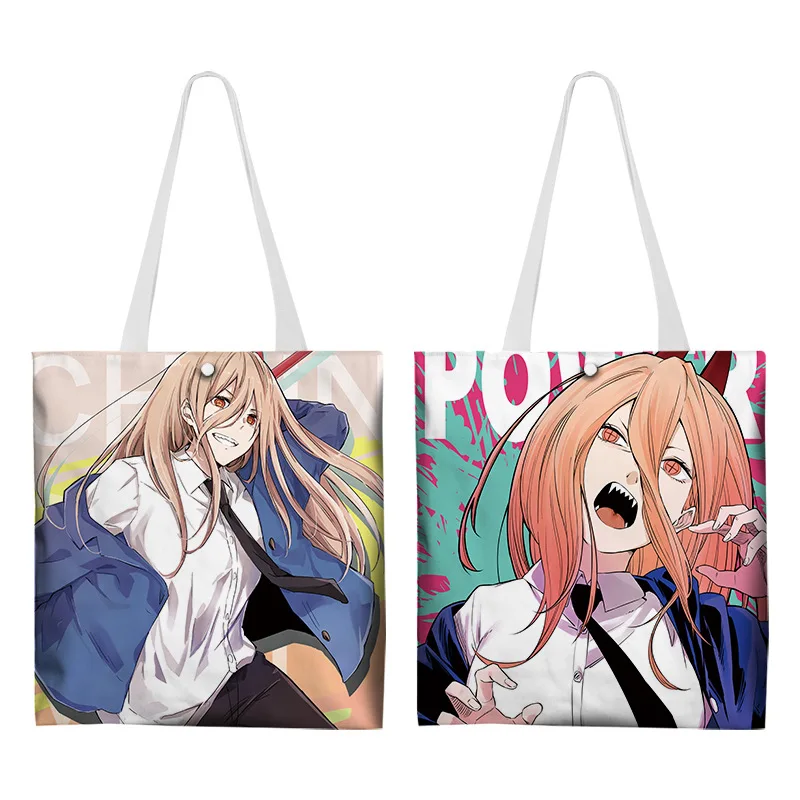 Anime motosserra homem pochita makima personagens bolsa de ombro lona colorida 2 lados estampas dos desenhos animados sacola de compras