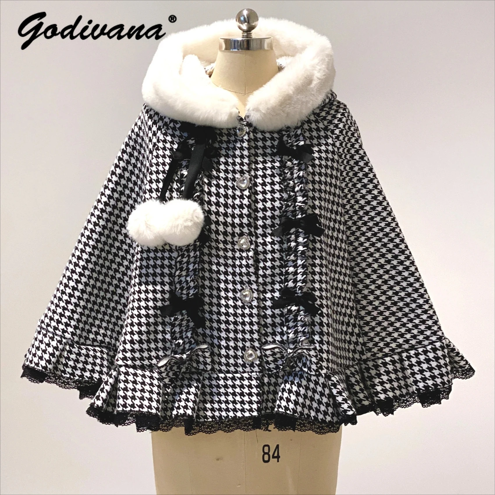 New Autumn and Winter Sweet Girl's Plaid Hooded Cloak Cute Fur Ball Women's Bow Plush Warm Ponchos Lolita Cape Coat