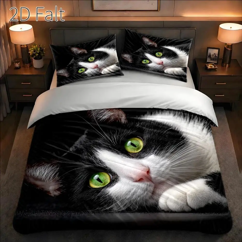 3-Piece Duvet Cover Set, 1 Duvet Cover + 2 Pillowcases (Without Filling), Black Cat and Floral Theme, Modern Art Style, International Cat Day, Suitable for All Seasons, Machine Washable, Invisible Zipper, Suitable for Home, Dormitory, Master Bedroom, Guest Room