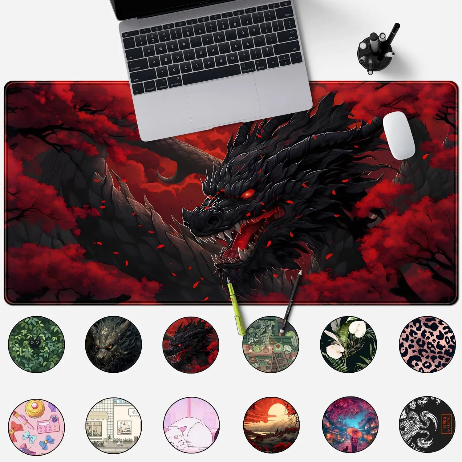 Huge Dragon Red and Black Mousepad Red Cool Keyboard Pad with Stitched Edges Anti-Slip Rubber Base for Home 31.5 X 11.8 inch