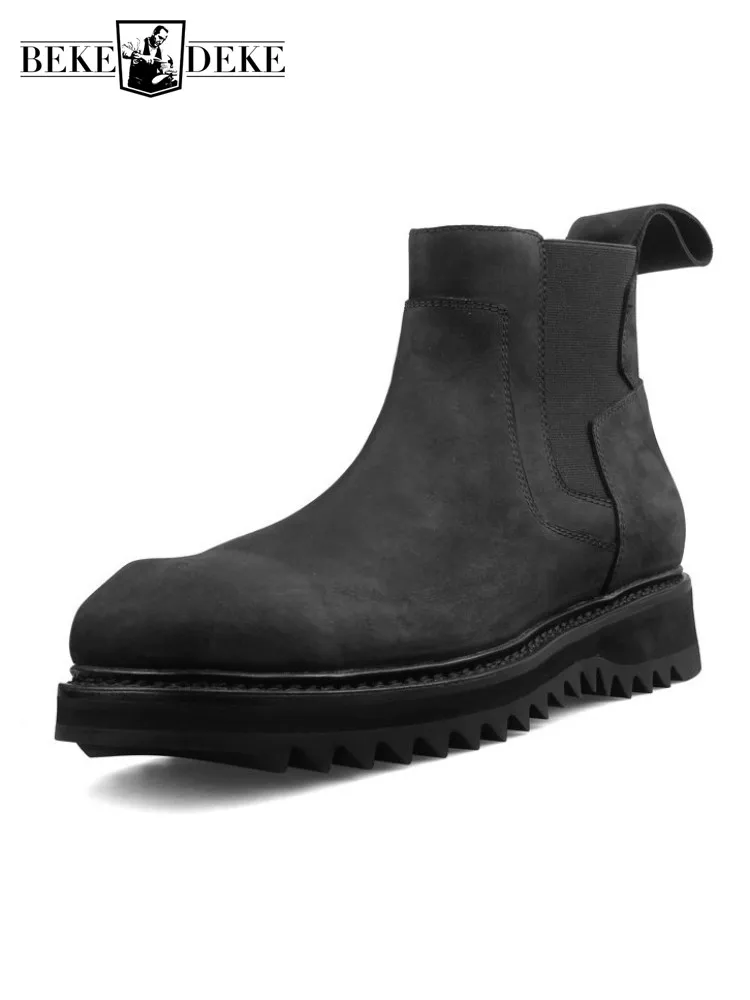 

Дизайнерские ботинки на платформе с круглым носком, мужские высокие кеды из натуральной кожи в готическом стиле, мужские короткие ботинки-карго ручной работы без шнуровки из воловьей кожи