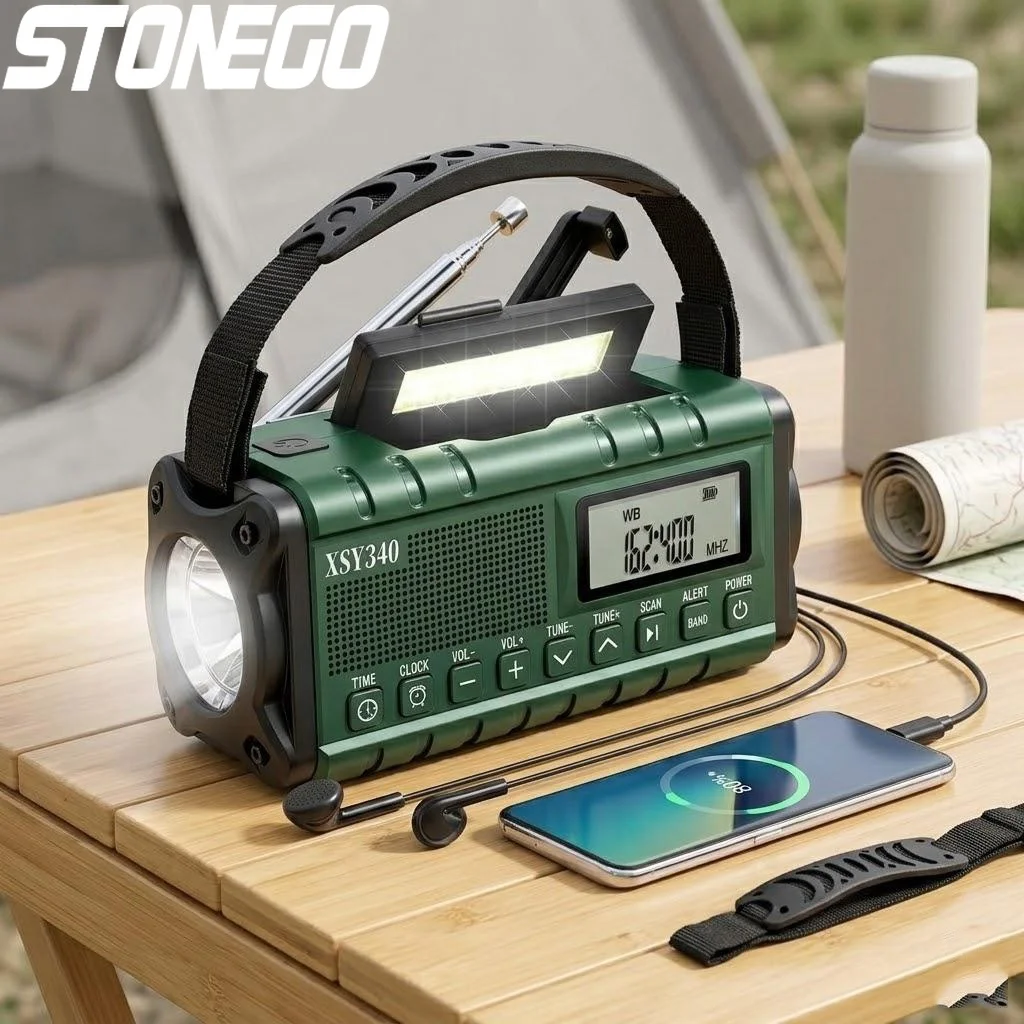 

Портативное солнечное радио с ручным приводом, AM/FM, NOAA, LED-фонарик, LCD-часы, USB-зарядка