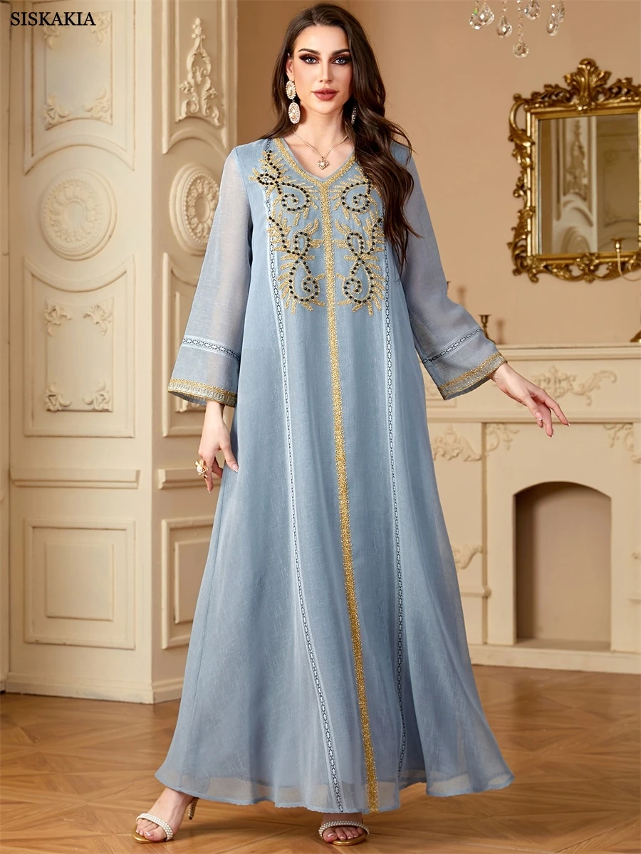 Sisakia nouvelle robe de soirée brodée musulmane pour femmes dubaï manches en maille Abaya col en v caftan perlé 2025