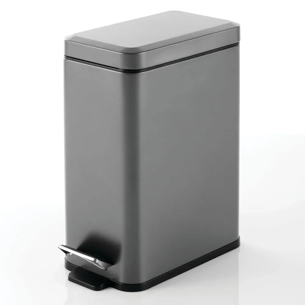 Slim Metal Rectangle 2.6 Gallon Trash Can with Step Pedal, Easy-Close Lid, Removable Liner - Narrow Wastebasket