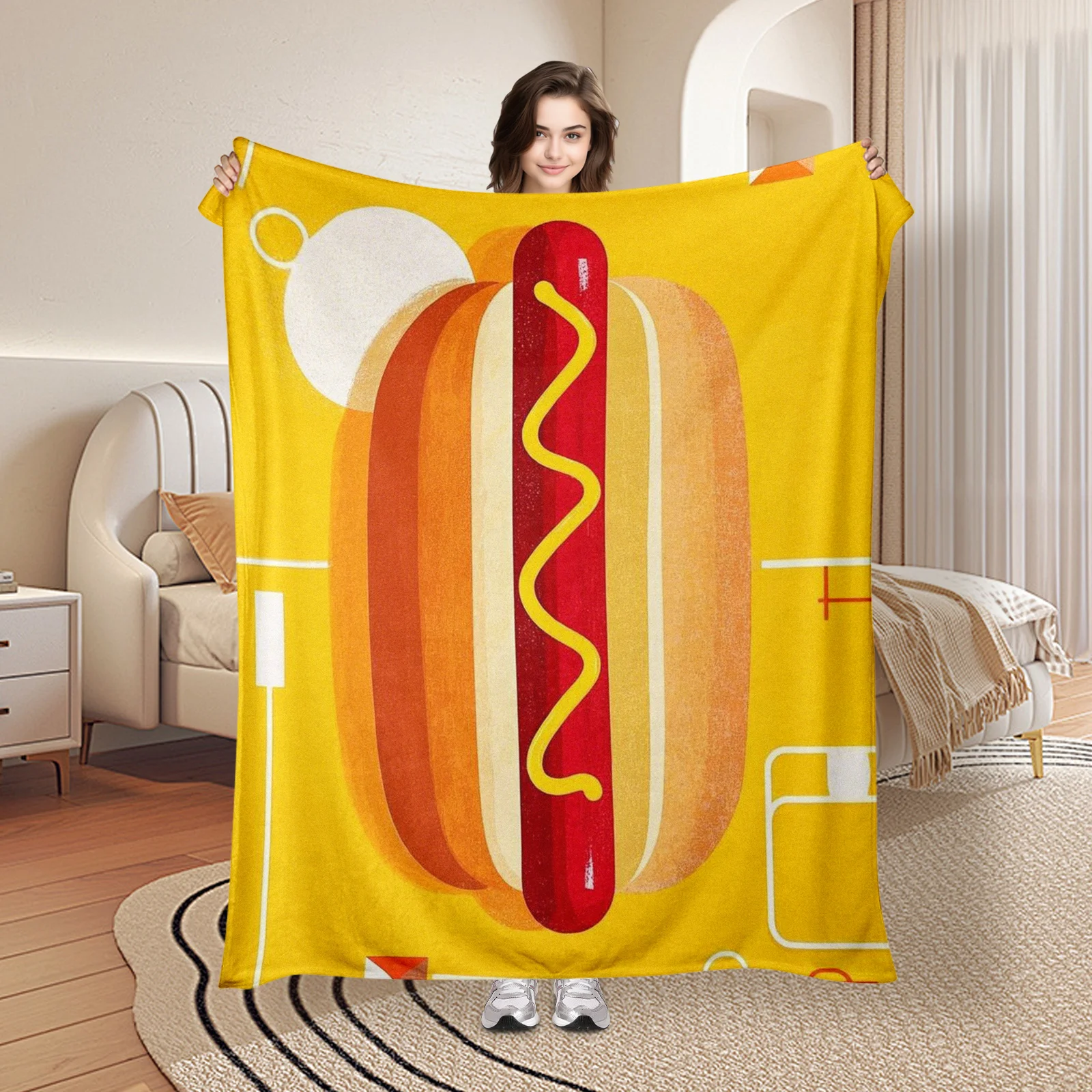 

Geometric Hot Dog Design Throw Blanket With Yellow Background And Line Art For Stylish Home Decor