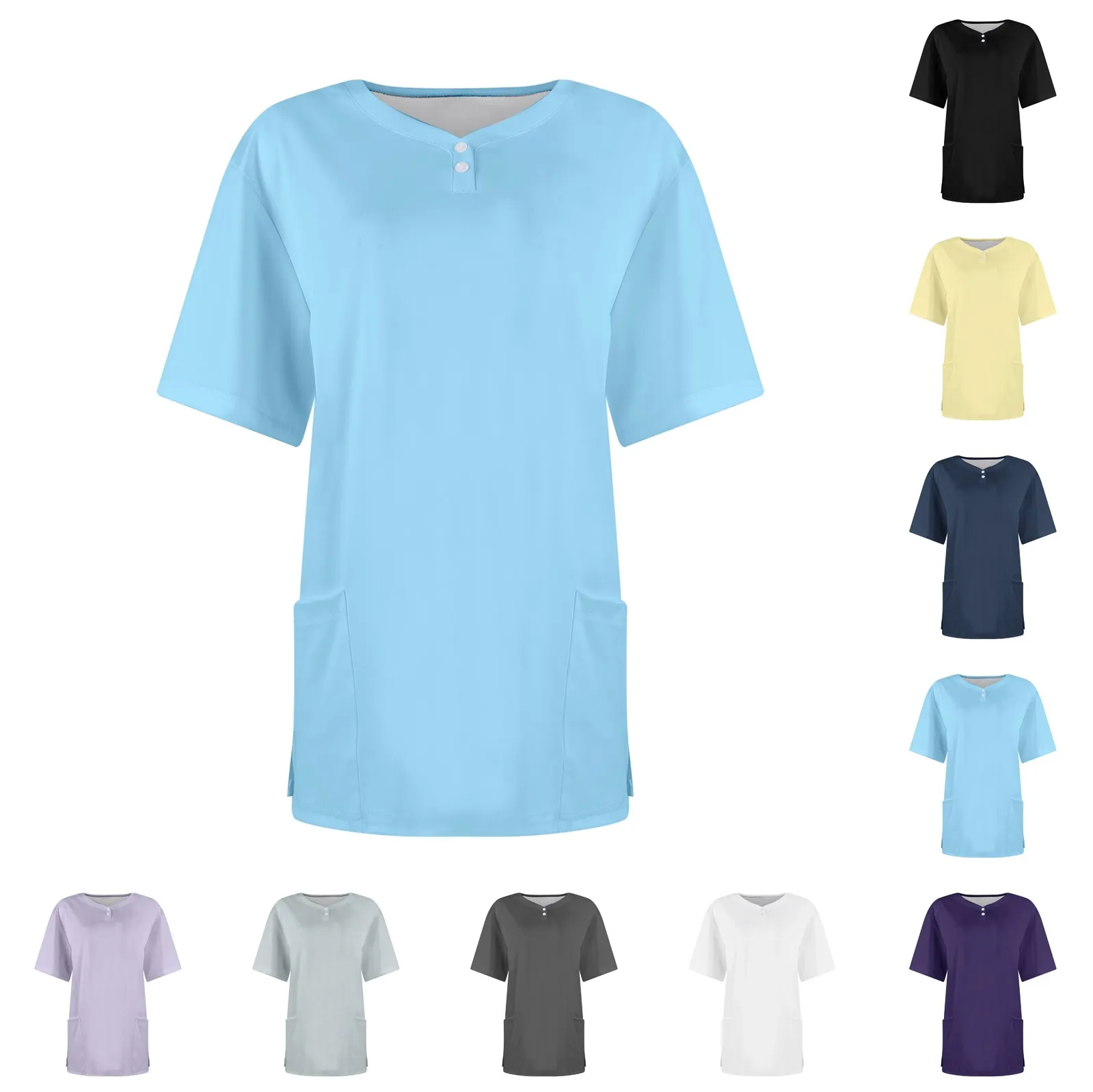 Women Button V Neck Tops Fashion Casual Simple Solid Short Sleeve Dry-Nurse Tops With Pockets Loose Straight Nurse Uniforms Tops