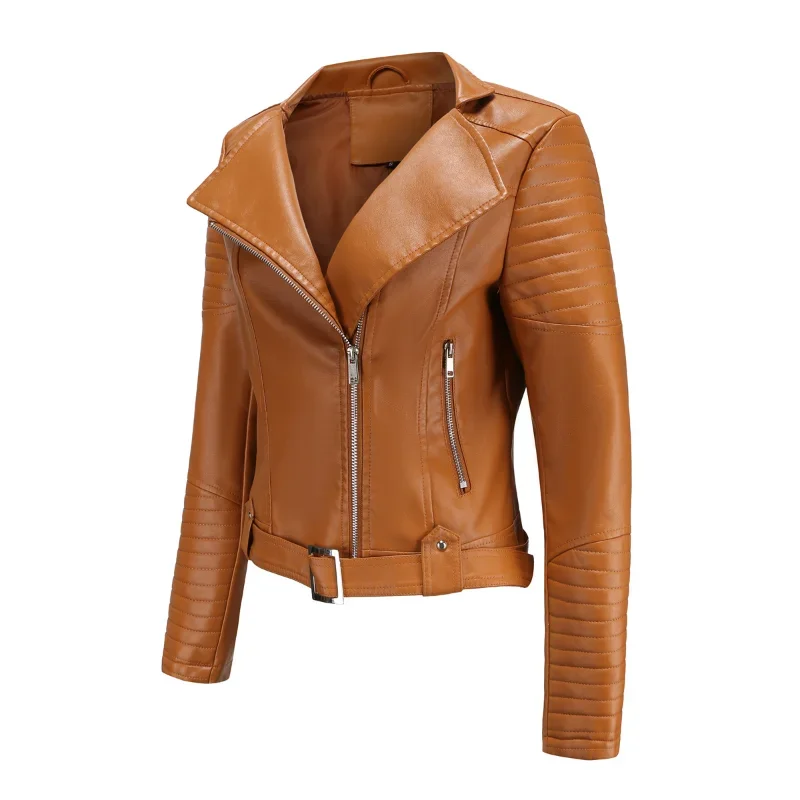 BTQWFD Women\'s Jackets Winter Coats Female Clothing Turndown Collar Belt Motor Biker PU Faux Leather 2024 Autumn Fashion Zippers
