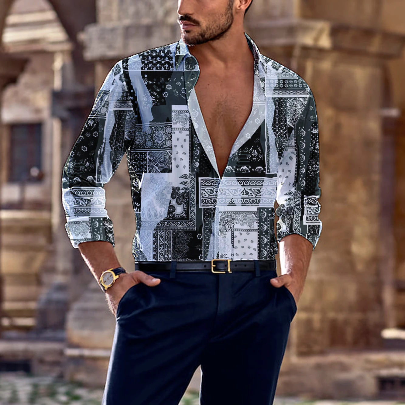 Men Summer Fashion New Long-Sleeved Shirt Cashew Flower 3D Printing Business Leisure Party single Breasted Hawaiian Beach Shirt