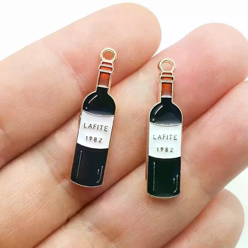 Enamel Wine Bottle Glass Charms Gold Plated Edge Various Cute Patterns for DIY Jewelry Making Home Bar Accessories