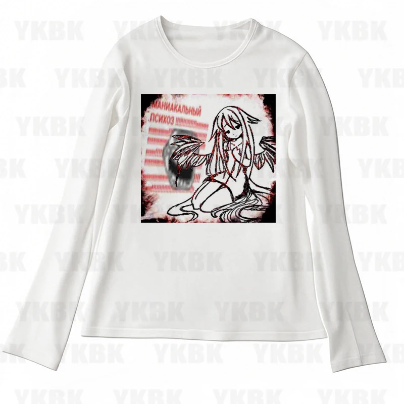 

Принт с длинным рукавом Аниме Майка Футболка Y2K Повседневная женская детская милая укороченная футболка в стиле панк Harajuku Модная жилетка Футболка Уличная одежда 90-х годов