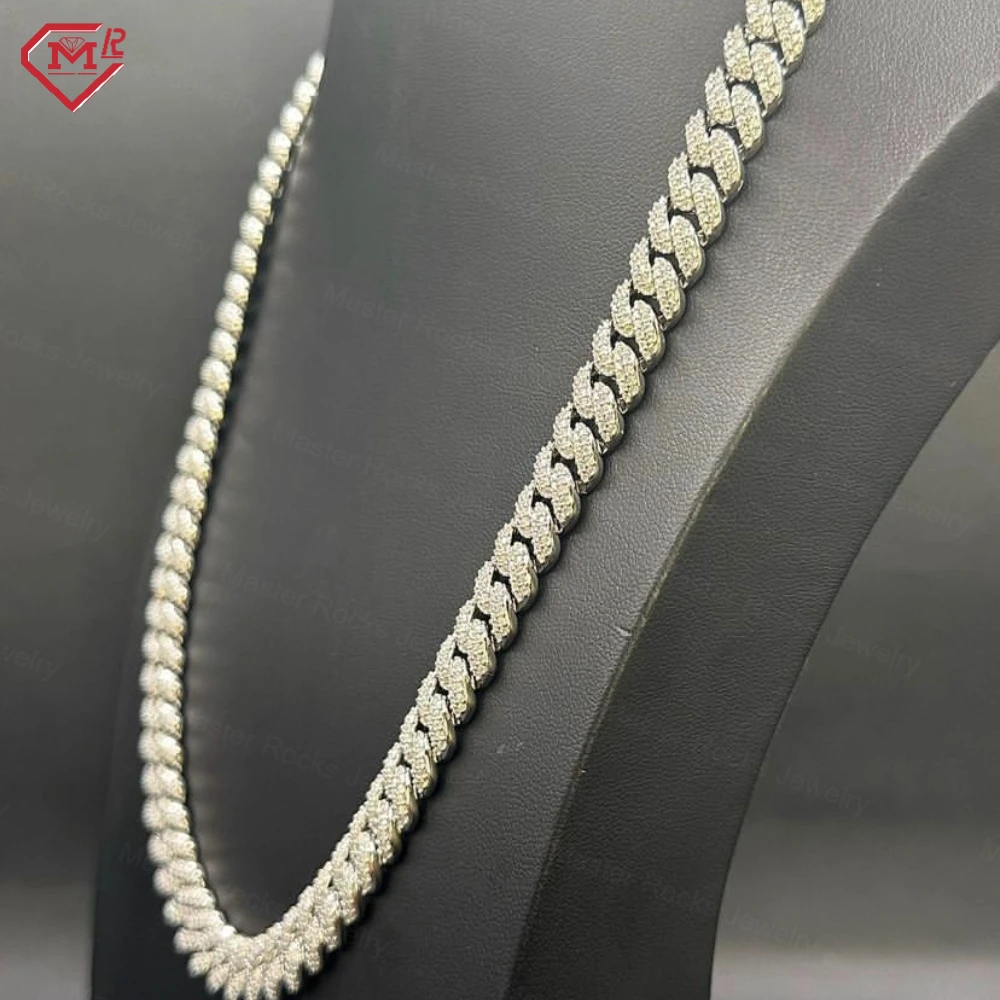 Cuban .Hiphop Miami Chain 10mm 2 Rows 925 Sterling Silver Iced Out Vvs Moissanite Cuban Link Chain