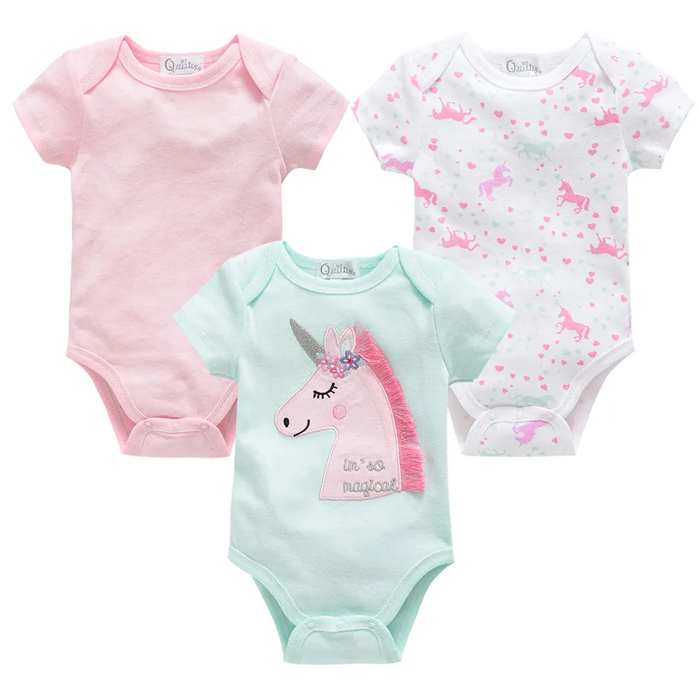 

Kavkas Short Sleeve Summer Baby Girls Romper 3 Pcs/set 100% Cotton Design Lovely Unicorn 0-12 Months Infant Clothing