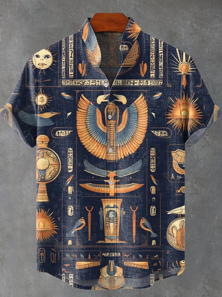 

New retro 3D art printed pattern men's new linen comfortable fabric short-sleeved shirt with tribal ethnic style, fast delivery