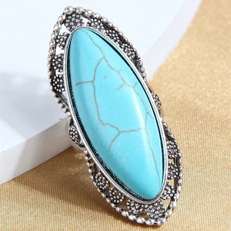 Kymyad Korean Trendy Vintage Red Black Blue ResinStone Ring For Women Bijoux Antique Silver Adjustable Ring Big Open Ring