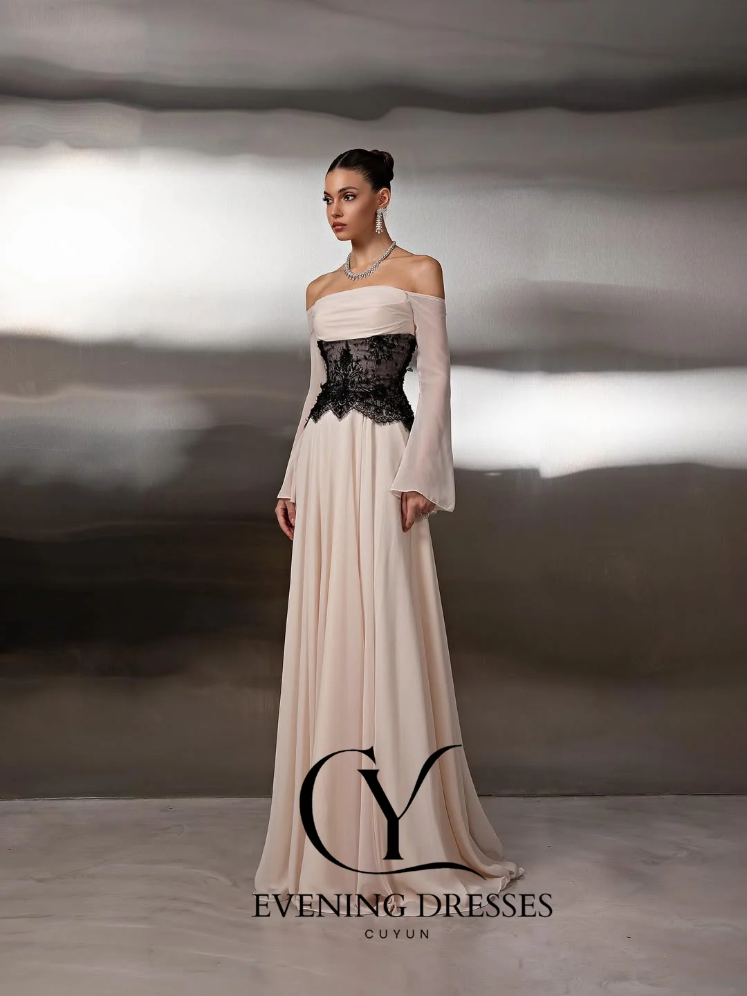 CUYUN Boat Neck Chiffon and Lace Evening Dresses Formal Customized Prom Gown Long Sleeves Elegant Party Dress for Wedding Guest