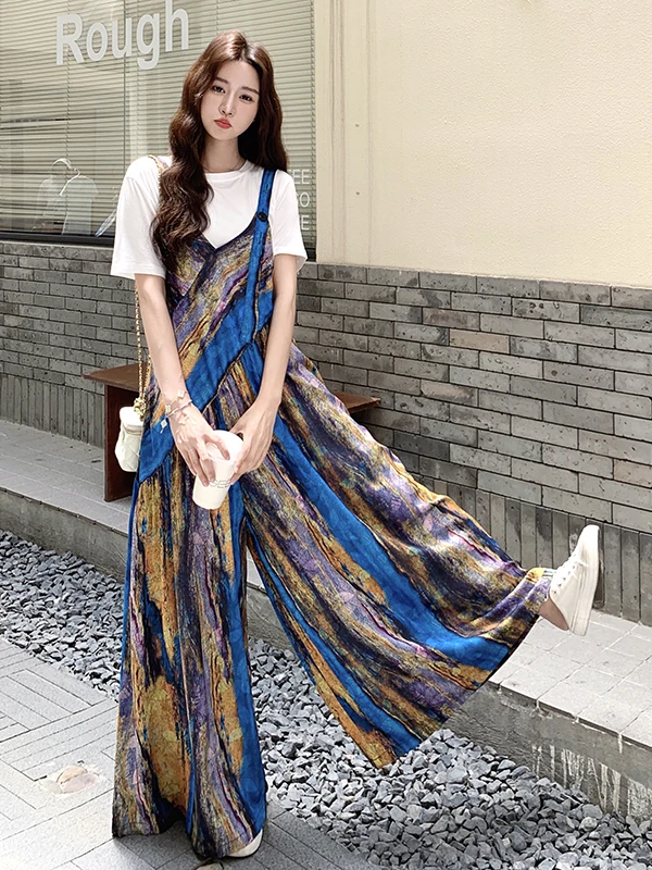 

Уникальные женские летние свободные брюки-комбинезон с принтом под ретро-картины маслом, широкие штанины, на бретелях, с высокой талией, длинные