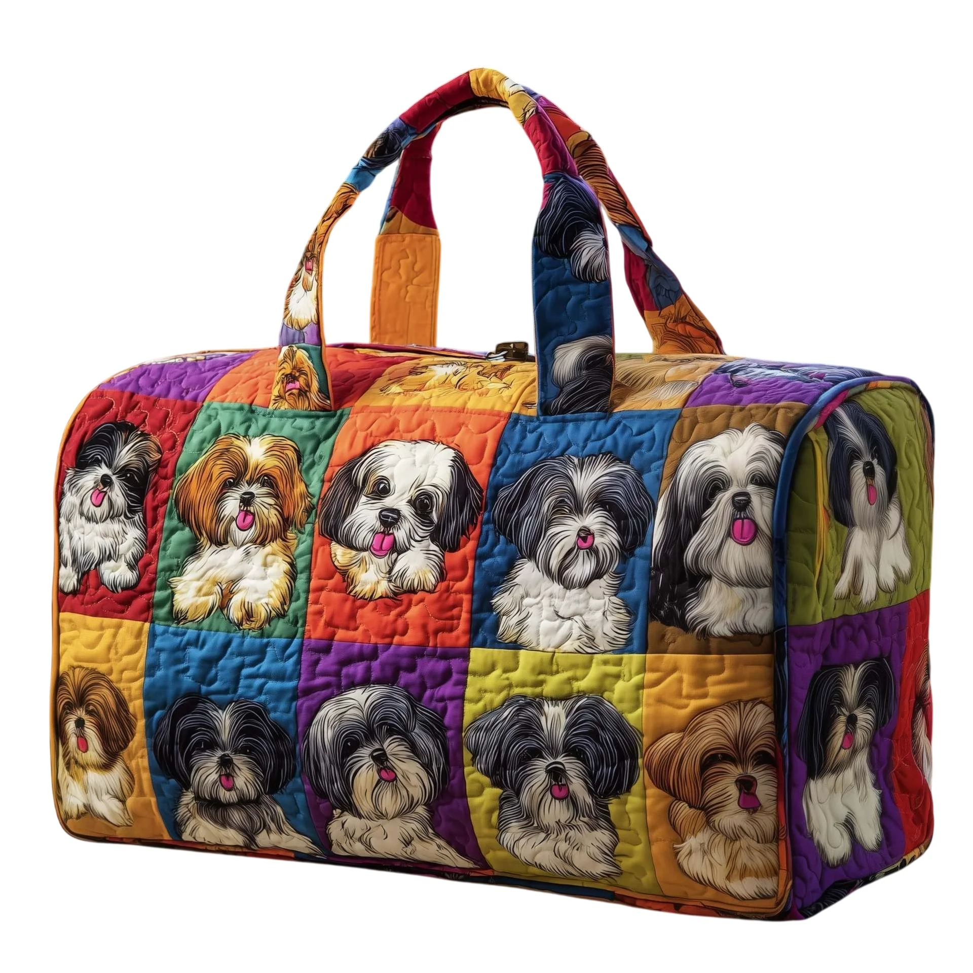 Colorful Dogs Patchwork Quilted Duffel Bag Large Capacity Weekender Travel Carry On Bag for Overnight Gym Dog Lovers Gift