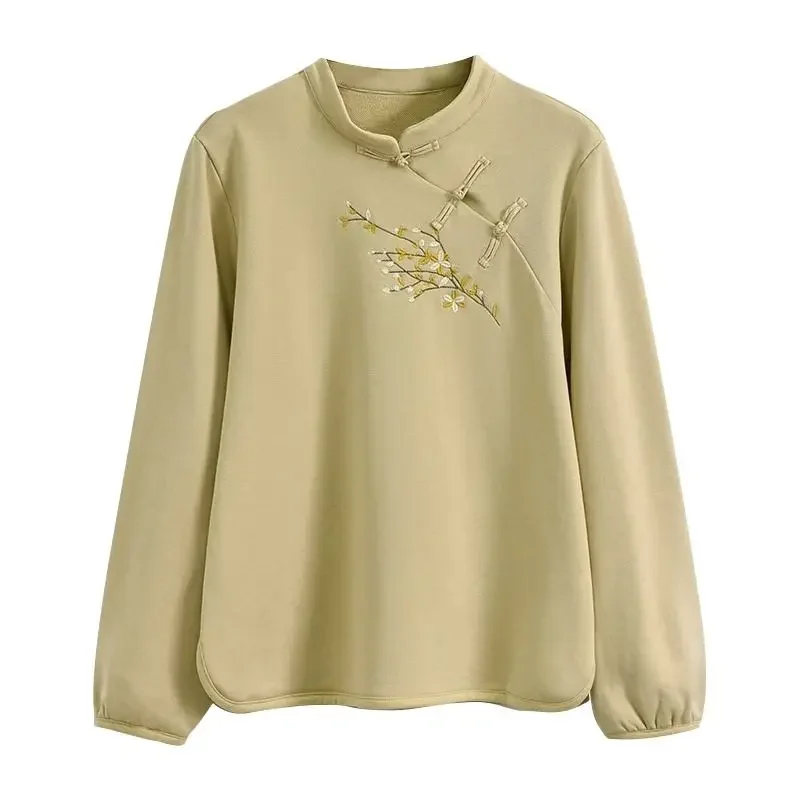 Felpe con ricamo stile cinese da donna bottoni vintage eleganti per donna top classici con colletto alla coreana alla moda autunno inverno novità