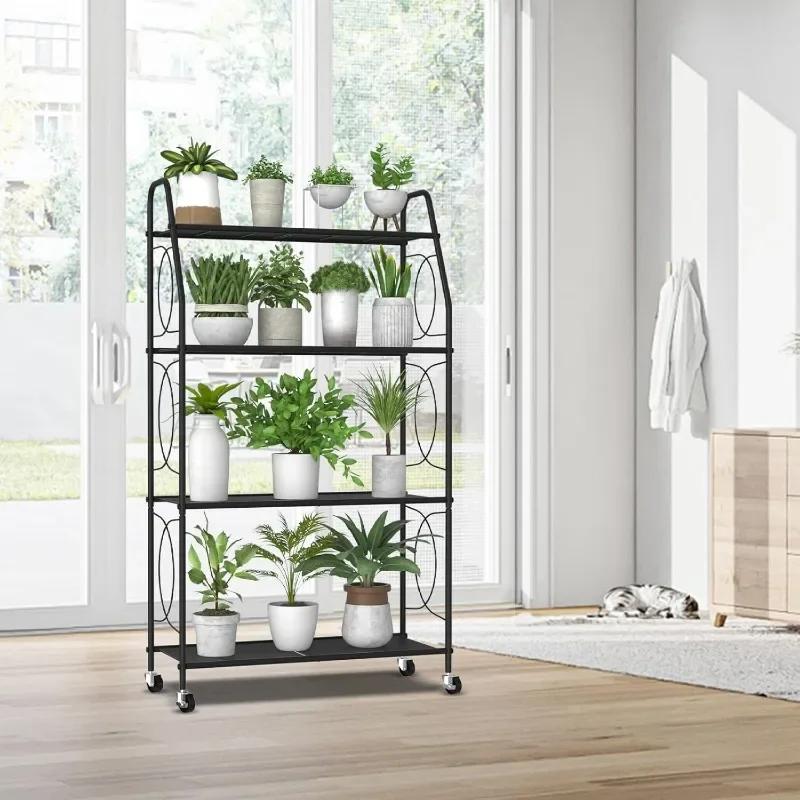 Plant Stand with Wheels, Plant Shelf for Indoor Outdoor, Heavy Duty Metal Tall Plant Stands Holder Rack