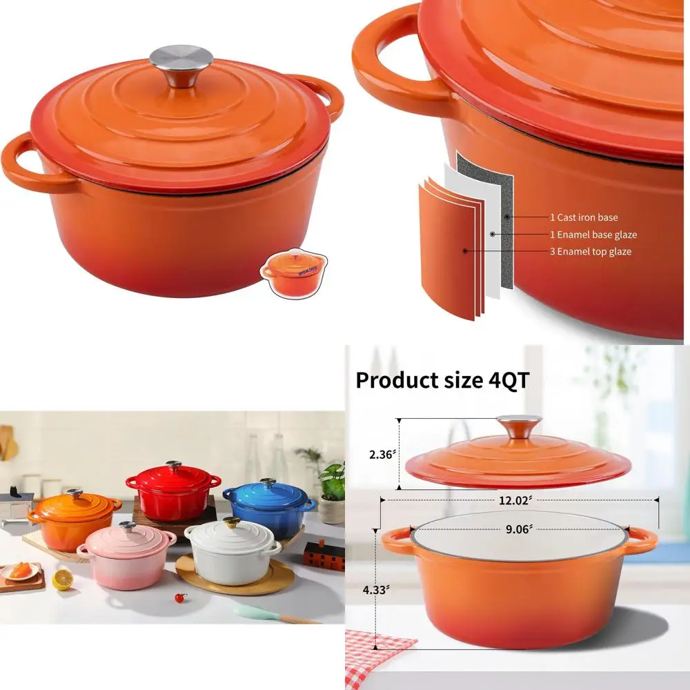 

Heavy-Duty Orange Enamel Cast Iron Dutch Oven, 4-Quart, Ideal for Baking, Braising, Stews, Roasting, Oven Safe up to 500°F