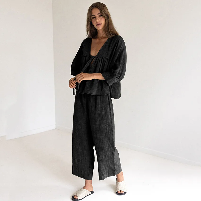 Linad Green Cotton Sleepwear V Neck Lace Up Wide Leg Pants Trouser Suits Loose Pajamas Set Woman 2 Pieces Loungewear Pijamas