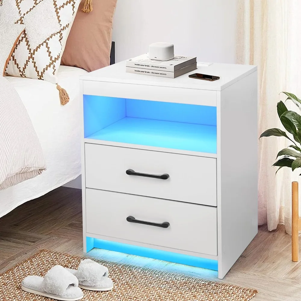 

Nightstand with Charging Station and Ambient Light, Equipped with 2 Drawers and an Open Bedside Table, Modern Side Table,