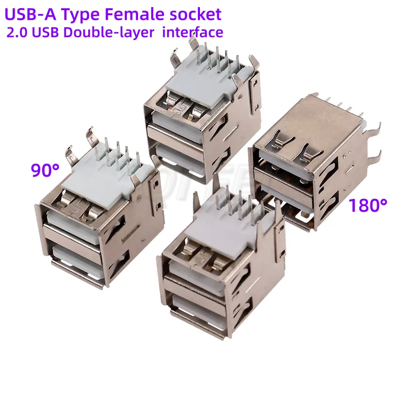 

5PCS USB A Type Double-layer Female Interface Socket 90° 180degrees vertical 2.0 USB-A AF Transmission Charging Socket Connector