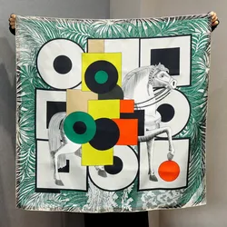 High-end Elegant Women Exquisite Elegant Knight Geometry Printing Quality 14MM Twill Silk Hand-rolled Edge Squre Scarf Shawl