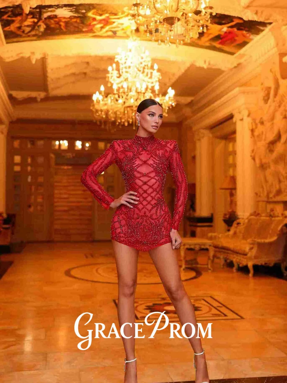 

GraceProm Bold High-Neck Evening Dress 2026 Glittering Mesh Carpet Gown Exquisite Above-Knee Party Gown فساتين سهرة