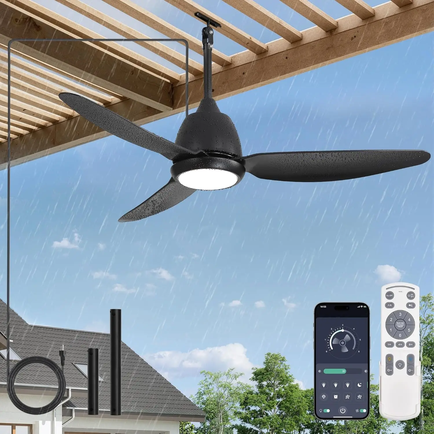 

42" Outdoor Ceiling Fan with Light, IP65 Wet Rated, Plug in for Gazebo, 6-Speed DC Motor, Dimmable LED, Black