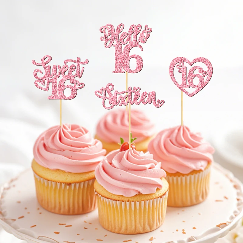 NUBECOM 24 Stück Sweet 16 Kuchendekoration Glitzer Hello 16 Cupcake-Topper Sixteen Happy 16th Cupcake-Dekorationen Geburtstagstorten-Aufsätze – Detail 11