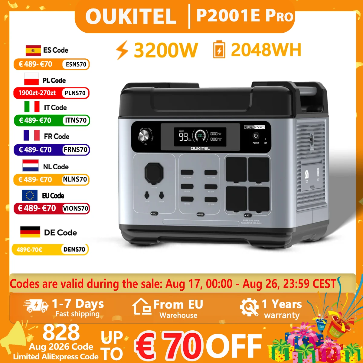 OUKITEL P2001E Pro Tragbare Powerstation, 3200W 2048Wh LiFePO4 Solargenerator, Notstromversorgung für Zuhause, Outdoor-Camping, Tragbare Stromversorgung für Wohnmobilreisen, Roadtrips, Angeln,