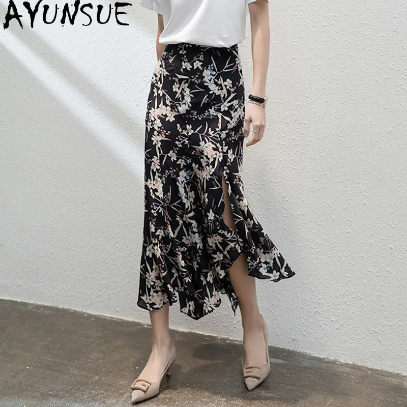 AYUNSUE 100% Silk Women's Skirts Stylish Irregularly Hem Fishtail Skirts for Women Mid-length Summer Skirt Woman Clothes юбка