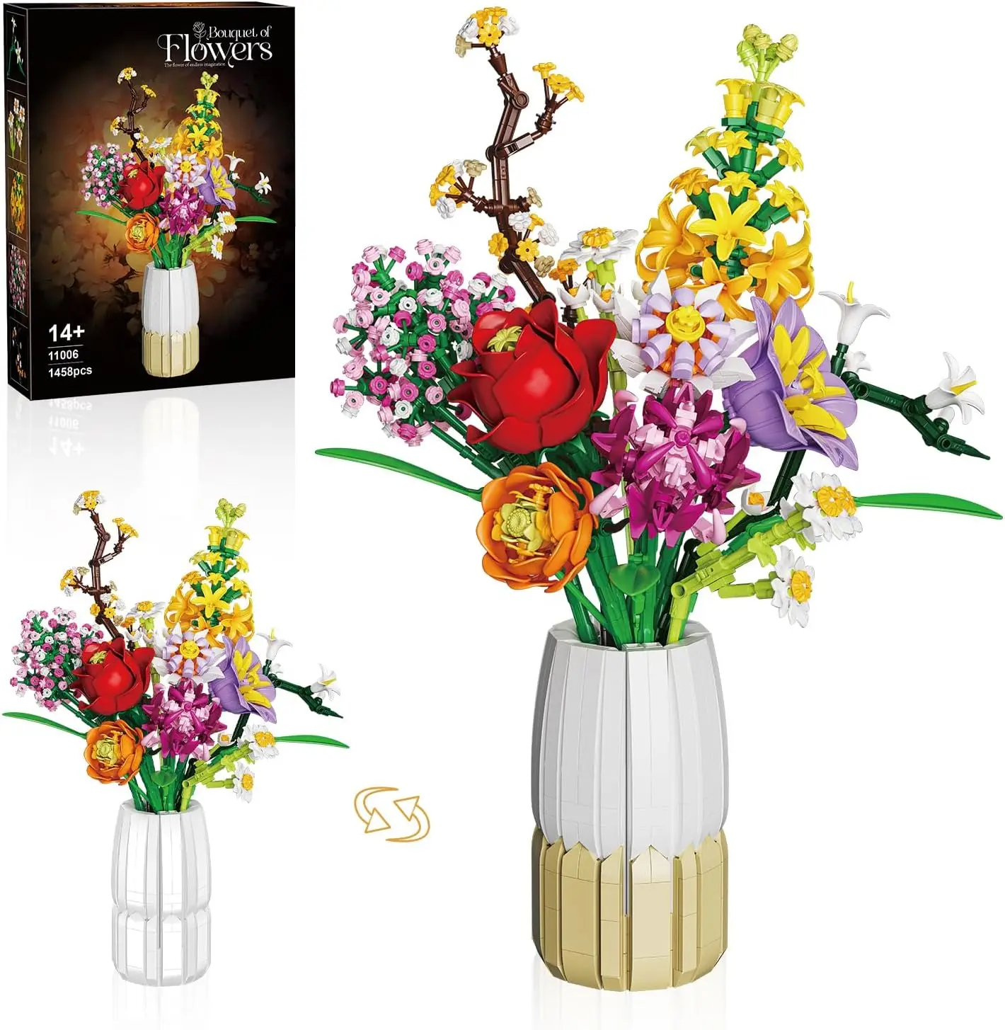 

1458PCS Flower Bouquet Building Blocks with Vase,Compatible with Lego,DIY Artificial Floral Set,Home Decor Gift for Adults Girls