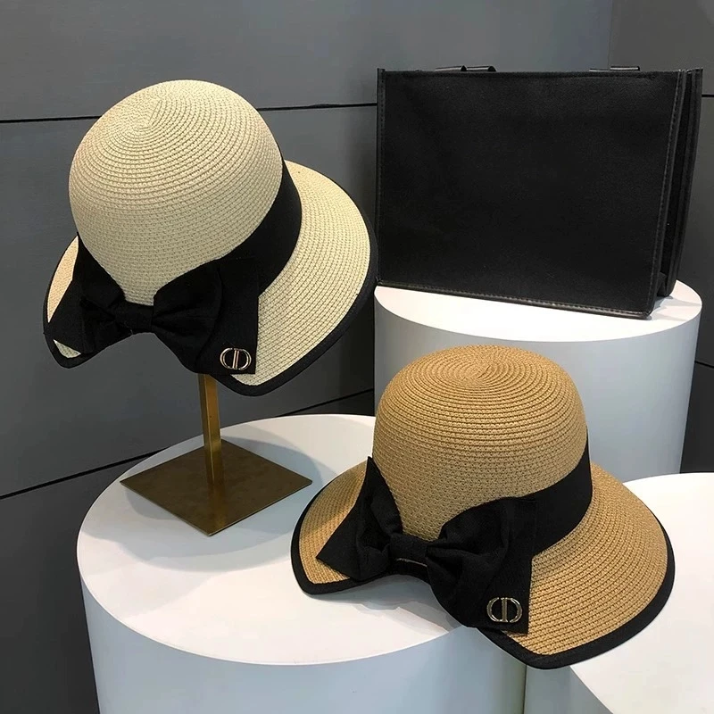الصيف الفتيات قبعات للحماية من الشمس واسعة حافة Bowknot القش قبعة مع الشريط في الهواء الطلق حماية الشمس النساء القبعات بلون السيدات بنما قبعات #4
