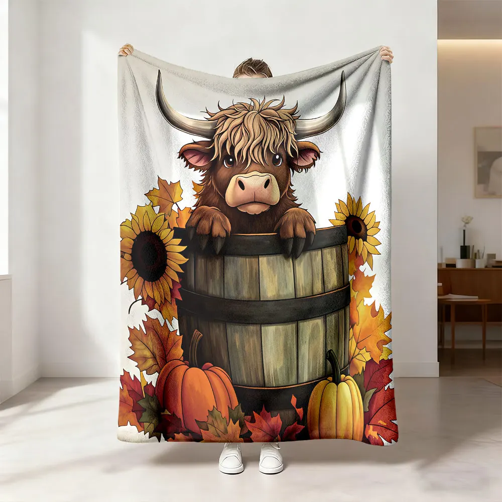 1pc Wooden Bucket Highland Cow sunflower maple leaf Pumpkin Blanket Flannel Blanket Sofa Nap Time Leisure Blanket