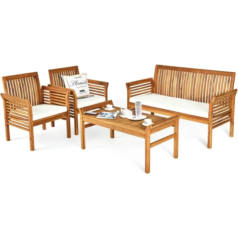 4 Piece Outdoor Acacia Wood Sofa Set with Water Resistant Cushions, Padded Patio Conversation Table Chair Set w/Coffee Table