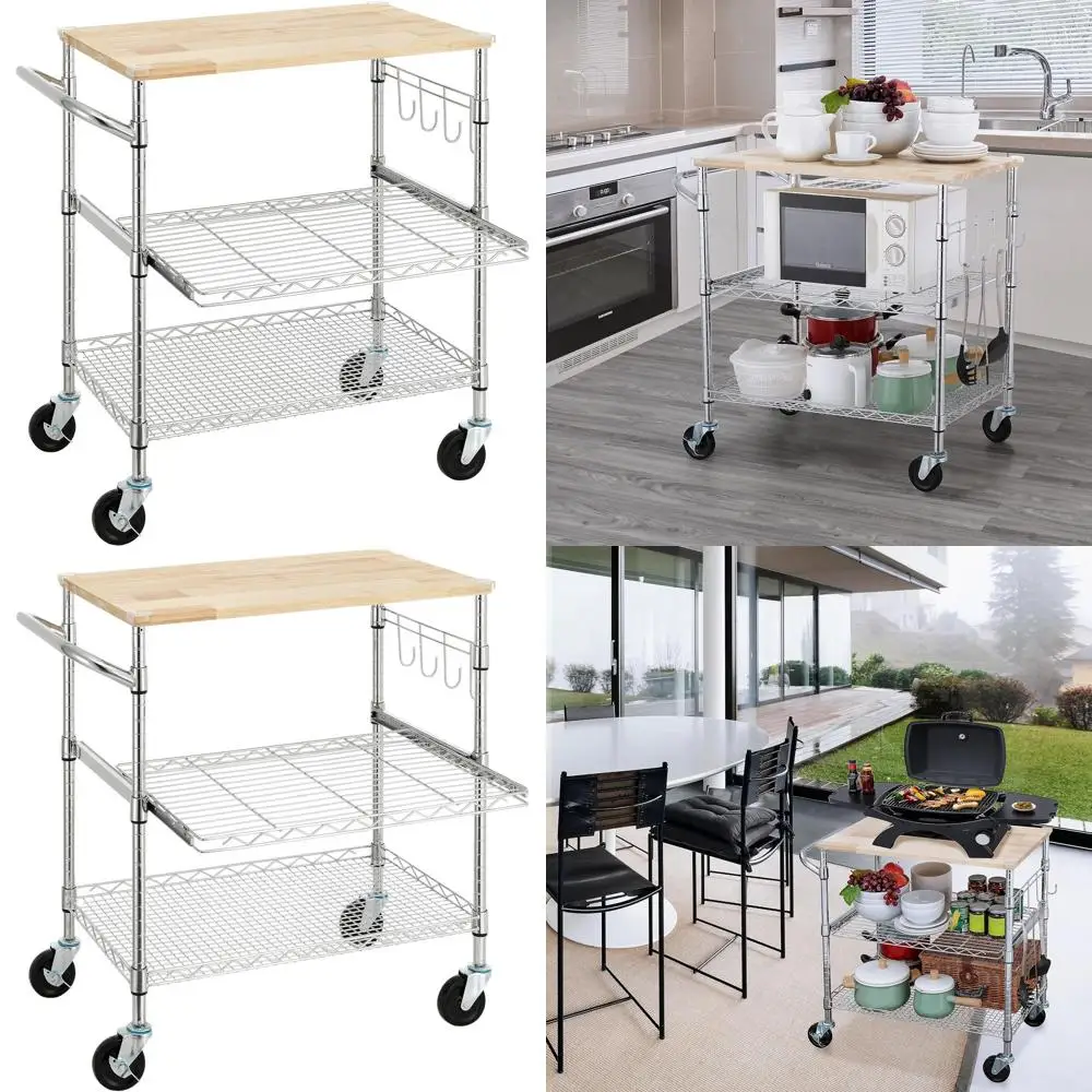 

3-х уровневая кухонная тележка из дубового дерева, 18x30, 4 колеса, полка-слайдер и крючки, универсальная для столовой с хромированной отделкой
