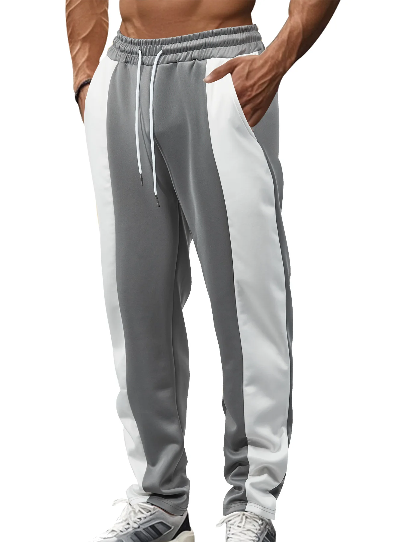 Men's Spliced Sweatpants, Waist Drawstring Design, Trouser Leg Splicing Design, Modern Simple Urban Sports Style